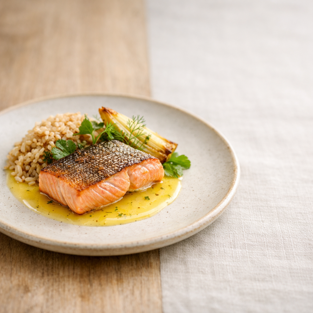 Pavé de saumon grillé avec quinoa et légumes verts, dressage gastronomique mettant en valeur la texture du poisson et la présentation du plat