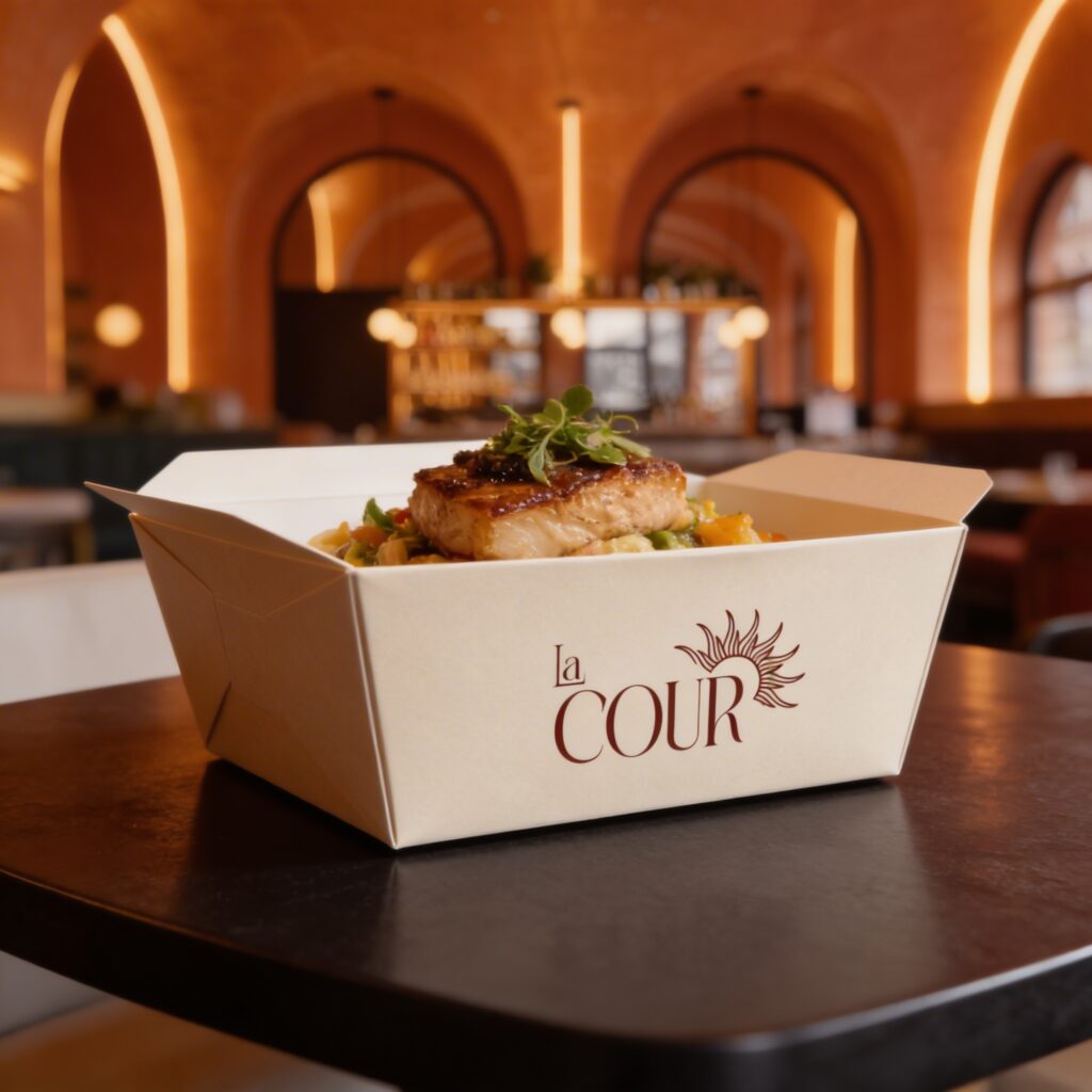 Plat de saumon grillé et légumes croquants dans une boîte à emporter personnalisée du restaurant La Cour. Où manger local