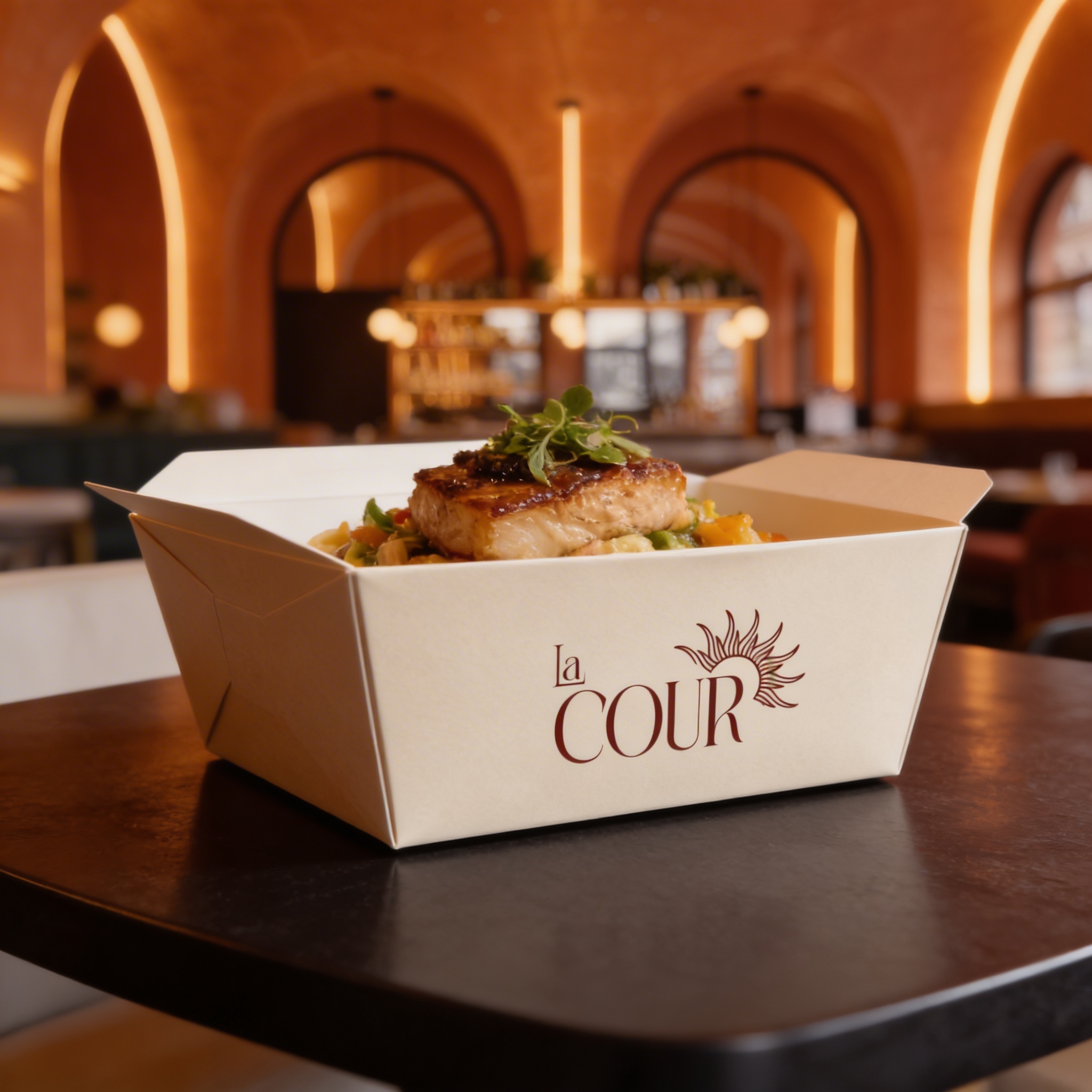Plat de saumon grillé et légumes croquants dans une boîte à emporter personnalisée du restaurant La Cour. Où manger local