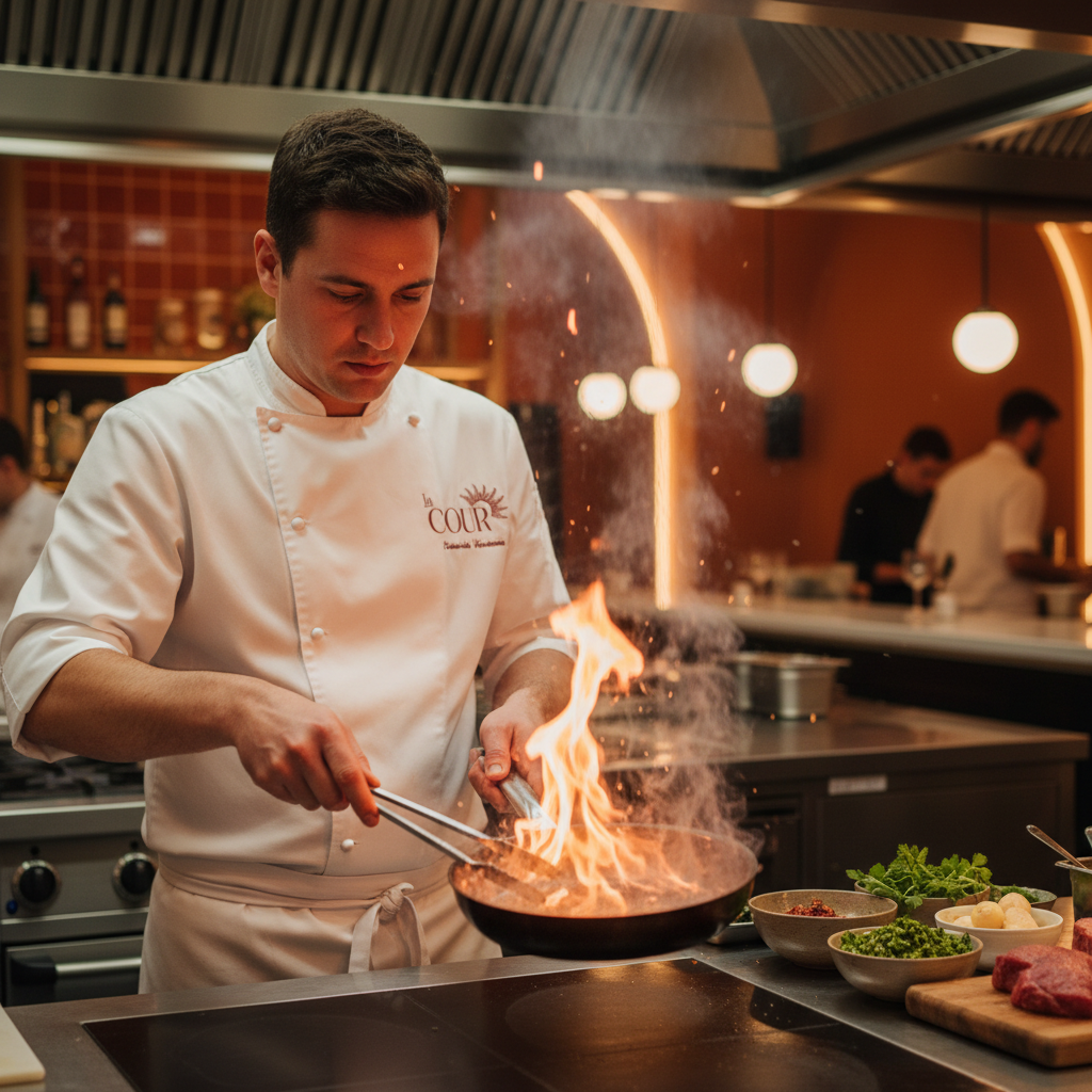Suggestion : Chef cuisinier du restaurant La Cour préparant un plat à la poêle avec une technique de flambage en cuisine ouverte.