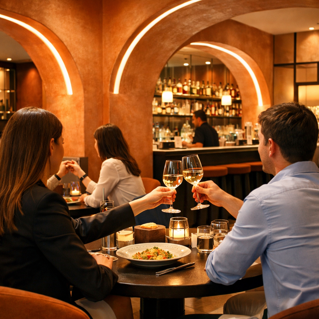 Galerie de couple trinquant au vin blanc dans un restaurant à l’ambiance chaleureuse