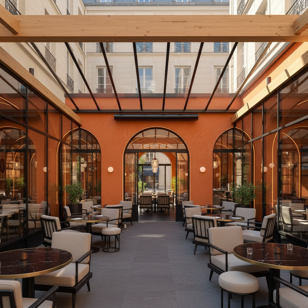 Vue de la cour intérieure d'un restaurant élégant avec des murs orange terracotta, une verrière moderne et du mobilier contemporain sous un patio lumineux. événement privé Galerie Privatisation