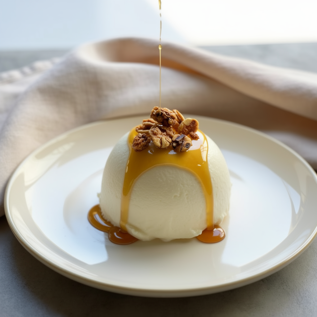 Fromage blanc moulé avec caramel et noix, mise en valeur sur une assiette blanche