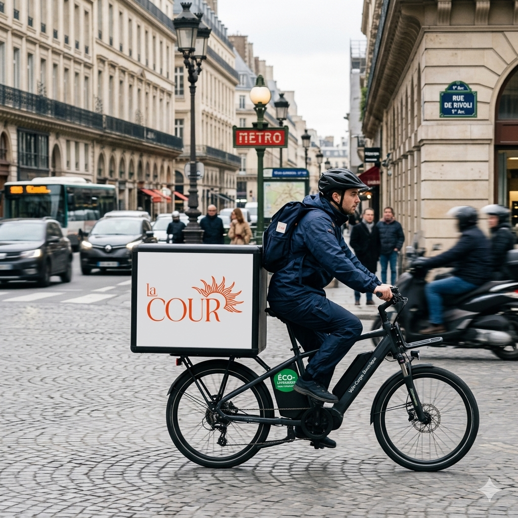 Photographie d'un livreur à vélo électrique circulant dans une rue de Paris, avec une grande boîte de livraison blanche affichant le logo orange "La Cour" et un motif de soleil.